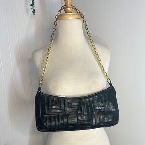 Chic Black Patterned Shoulder Bag with Gold Chain